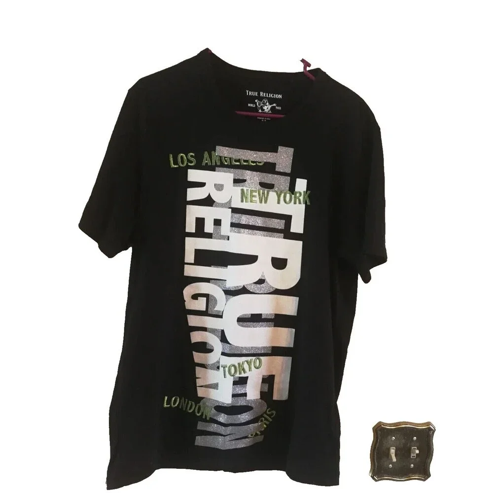 Men's True Religion World Tour Black Silver Embroidered T Shirt Size M